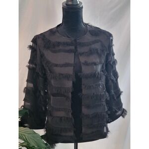 Chicos Black Eyelash Fringe Open Front Jacket Textured 3/4 Sleeve Size 0 Small
